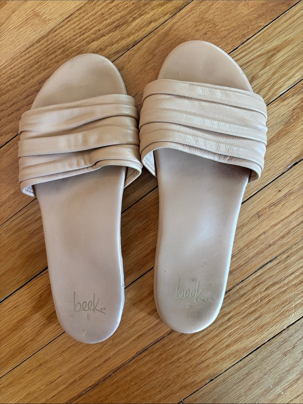 beek Beige Ruched Leather Slide Sandals